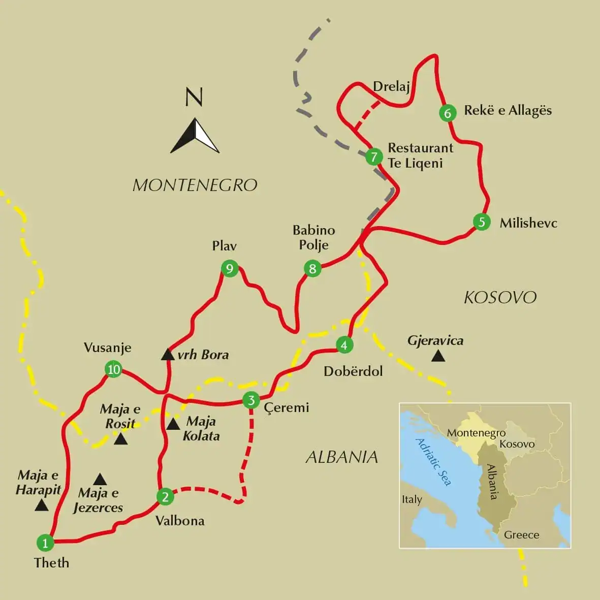 Toppen van de Balkan Trail Routekaart van de etappes